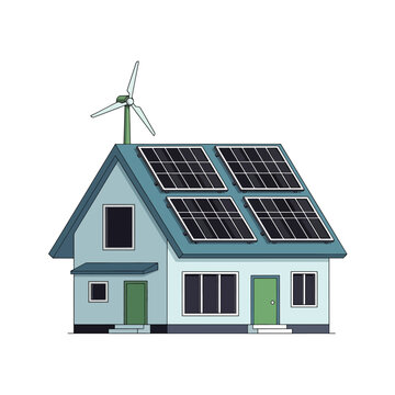 A house with solar panels and a wind turbine on the roof generates renewable energy
