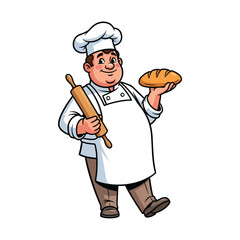 Delightful cartoon baker proudly presenting fresh artisan bread and rolling pin, embodying professional culinary expertise and bakery craftsmanship in a charming vector illustration
