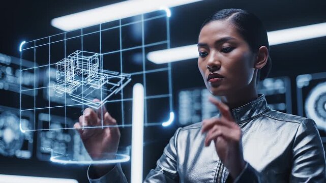 Futuristic woman engineer using interactive holographic display for advanced 3D design and data analysis in a high-tech control room.