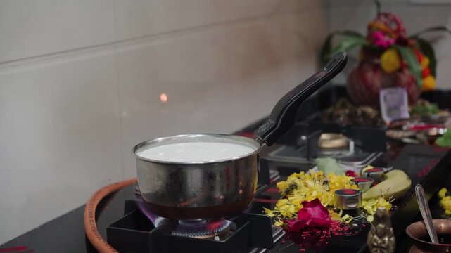 Traditional Indian Ghar Vastu Ritual with Kalash, Coconut and Sacred Puja Setup