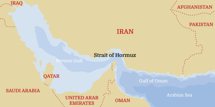 Strait of Hormuz background. Topographic map of the Strait of Hormuz. Middle East banner. World oil supply routes