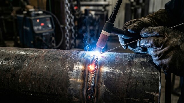 Welder performing TIG welding on large steel pipe in industrial metal fabrication workshop