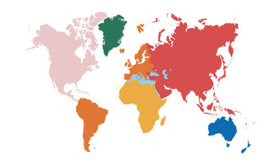 A vibrant, multi-colored world map clearly illustrating distinct continents and global regions, fostering global understanding with bright, clean vector graphics on a white background.
