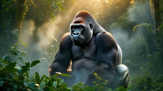 Majestic Gorillas Surrounded by Lush Jungle Light.