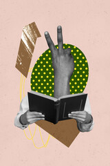 Naklejka premium Poster image sketch vertical collage of hands hold book education instead head arm gesture magazine bookworm hobby novel