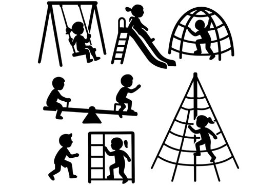 Boys and Girls Playing in Playground Silhouette Vector Set for Kids Activities