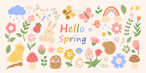 A cheerful spring illustration featuring flowers butterflies and cute animal characters © Polash