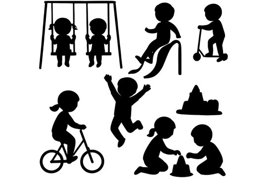 Kids Playing in Playground Silhouette Collection &ndash; Swing Bike Kite Sandcastle Icons