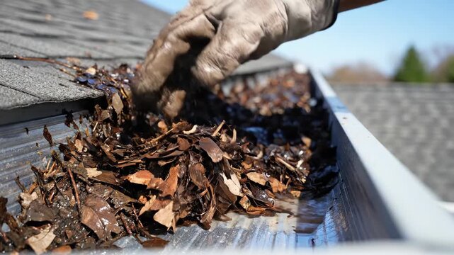 Gutter cleaning with hand removing leaves from drainage system. Gutter maintenance involves clearing debris like leaves for proper water flow.