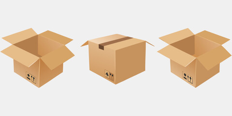 Fototapeta premium Three cardboard boxes displayed in different open configurations