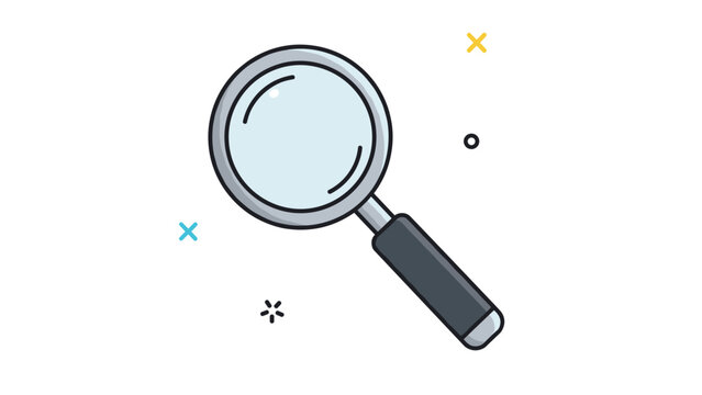 Magnifying glass icon for search discovery or investigation concept with colorful star elements in flat vector illustration.