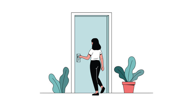 Young woman opening a door to enter or exit a room in clean minimalist flat illustration with potted plants decoration.
