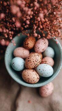 A collection of pastel-colored speckled eggs in a blue bowl with dried flowers.