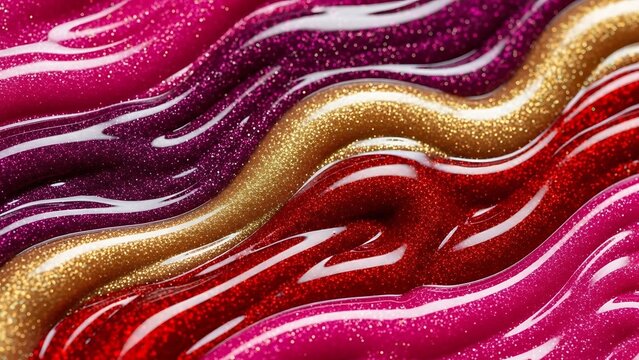Illustration of closeup abstract texture of swirling, glossy, and glittery cosmetic makeup swatches in vibrant pink, purple, gold, and red