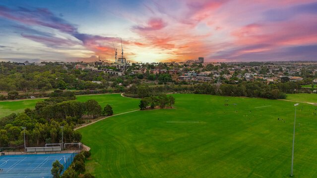 Panoramic Aerial Drone view of Inner Suburbs of Melbourne housing, roof tops, the streets and the parks, the roads and trees of Ascot Vale Moonee Ponds Brunswick Essendon and Maribyrnong in VIC Victor
