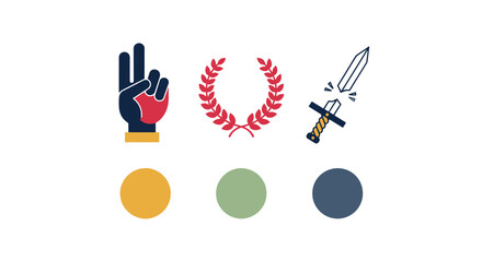 Fototapeta premium Three Distinct Icons Depicting a Hand with Two Fingers Raised a Red Laurel Wreath and a Broken Sword with a Yellow Hilt Positioned Above Three Solid Colored Circles in Gold Sage Green and Dark Blue