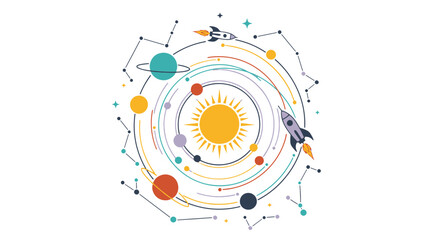 Whimsical Solar System Orbiting a Bright Sun with Colorful Planets Streaks and Rockets Exploring Space © PAPA