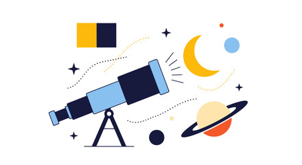 Stylized Telescope Viewing Celestial Bodies Like a Crescent Moon Ringed Planet and Distant Stars Against a Minimalist Cosmic Backdrop © PAPA