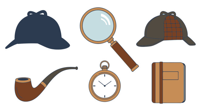 Collection of Classic Detective Mystery Icons Including a Deerstalker Hat Magnifying Glass Smoking Pipe Pocket Watch and Satchel on a White Background