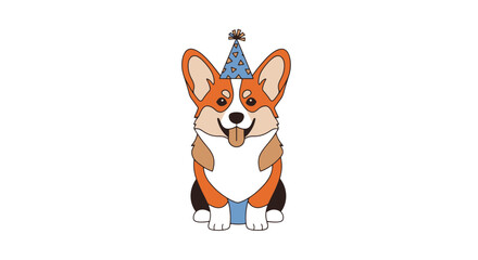 Fototapeta premium Cute Corgi Wearing a Blue Party Hat with Triangles Sticking Its Tongue Out Sitting Down with Front Paws Together White Background Festive Cartoon Style