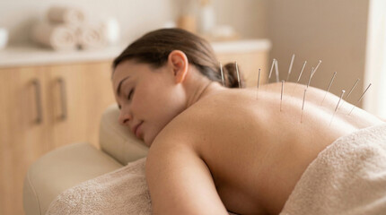 Naklejka premium Relaxed young woman receiving acupuncture treatment on back in bright clinic