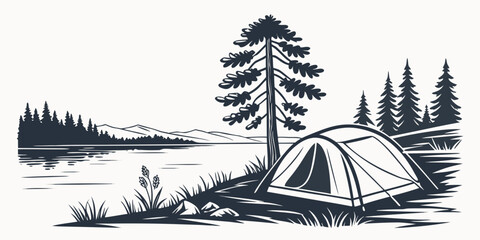 A serene campsite nestled in a forest with a tent and campfire Vector © rabi