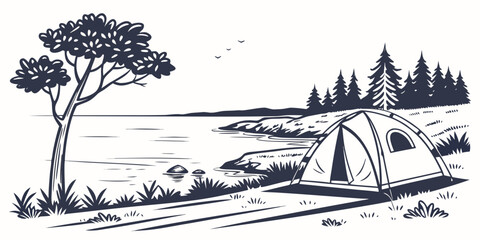 A serene camping scene with a tent and trees in the background Vector © rabi