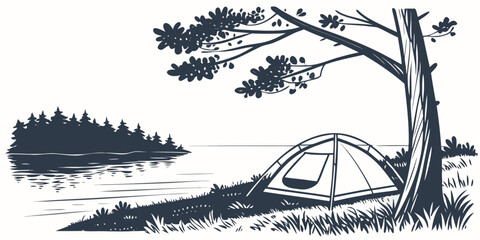 A serene campsite nestled under a tree with a tent and a scenic mountain backdrop. Vector © rabi
