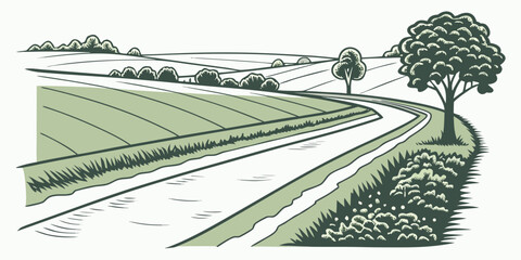 A serene countryside scene with a winding road leading to a distant farmhouse Vector © rabi