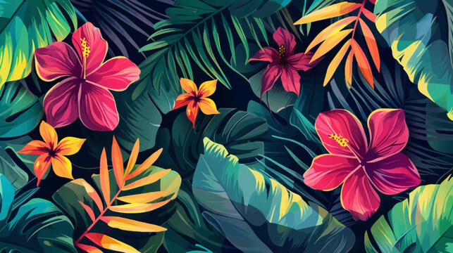 Vibrant floral pattern with tropical hibiscus and lush greenery design