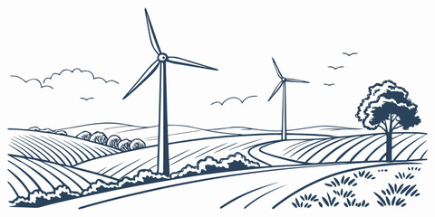 Wind turbines generating clean energy on a windy hillside landscape Vector