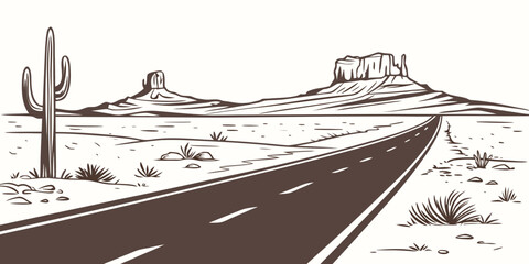 A scenic desert highway with cacti and distant mountains under a clear sky. Vector © rabi