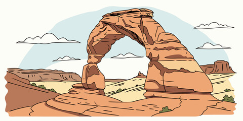 A majestic archway in a desert landscape with a clear blue sky overhead. Vector © rabi