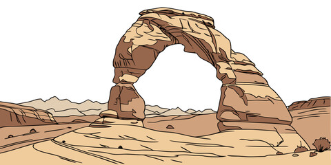 A majestic sandstone arch formation stands tall in a vast desert landscape. Vector © rabi