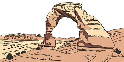 A majestic arch formation stands tall in a vast desert landscape under a clear blue sky. Vector © rabi