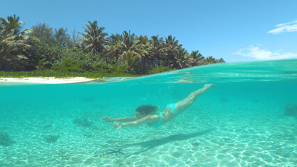 HALF UNDERWATER: Bright summer sun shines on woman diving past a black starfish.