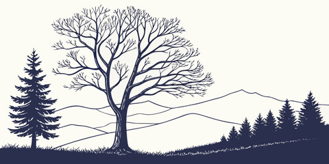 A majestic tree stands tall in a serene forest landscape with snow on the branches. Vector © rabi