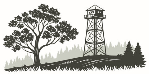 A tall tower stands on a hill surrounded by trees in a serene landscape. Vector © rabi