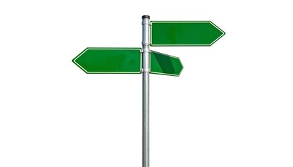 Obraz premium Two green arrow signs pointing different directions affixed to a silver pole, presented on a white background