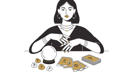 Woman practicing tarot card reading with crystal ball.