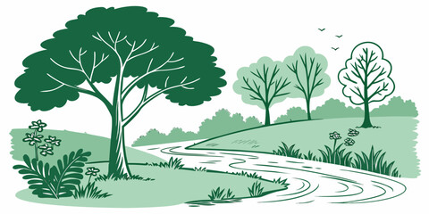 A serene landscape featuring a variety of trees and a winding river. Vector © rabi