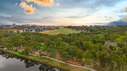 Panoramic Aerial Drone view of Inner Suburbs of Melbourne housing, roof tops, the streets and the parks, the roads and trees of Ascot Vale Moonee Ponds Brunswick Essendon and Maribyrnong in VIC Victor