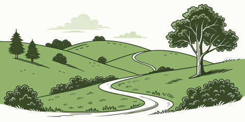 A serene landscape with a winding path through a lush green field and trees Vector © rabi