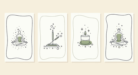 Meditating figures and candles, minimalist line art, wellness concept