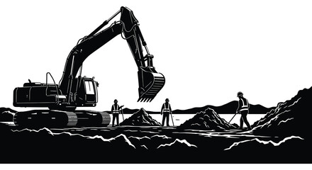 A black and white illustration depicts an excavator and construction workers at a dig site © arfanah02