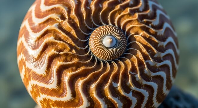 Close-up of a nautilus shell showing its intricate, spiraling structure and natural patterns