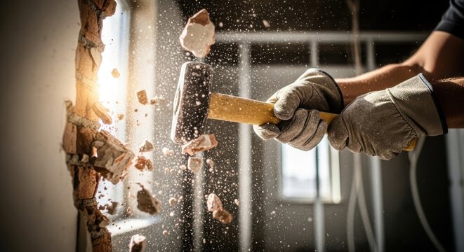 Person in work gloves performing home renovation, smashing a wall with a sledgehammer, causing debris and dust to explode. Intense light brightens active home renovation scene,