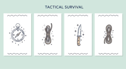 Tactical Survival Gear Icons: Compass, Rope, Knife on White Background © rexus