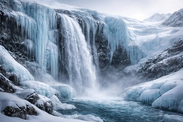 Frozen Waterfall Dripping Slowly From Glacier Edge In Polar Silence