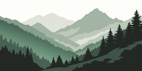 Majestic mountain range with a valley in the distance under a clear blue sky Vector © rabi